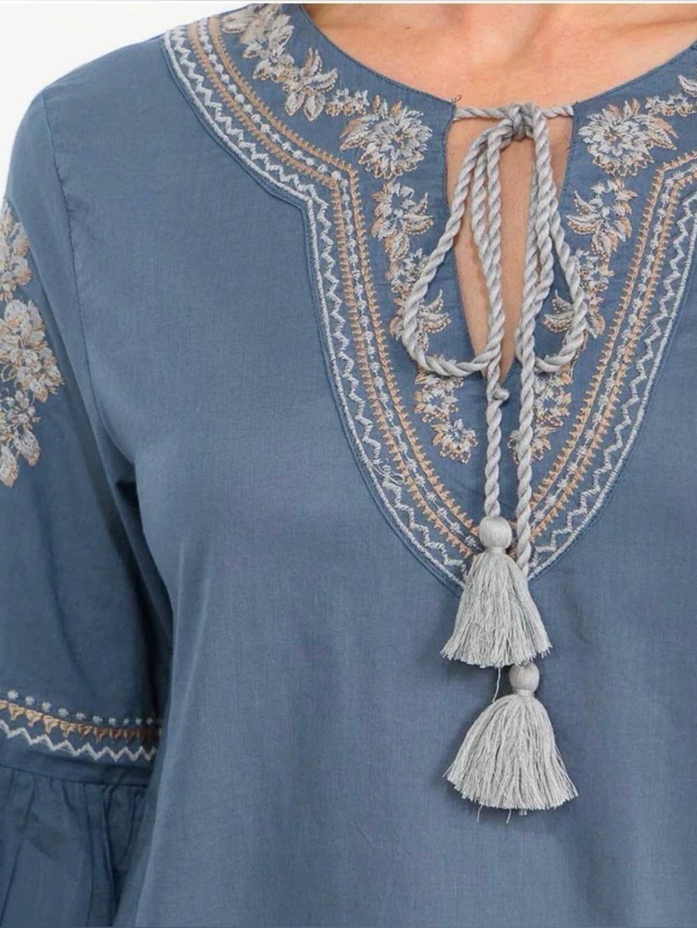 0300.  Embroidered Indigo Blue Bell-Sleeve Peasant Top - Picture 2 of 3